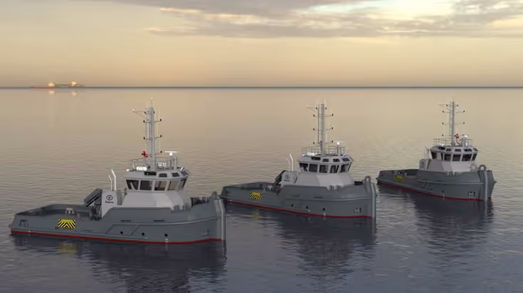 3 sleepboten in het water met de neuzen naar rechts.