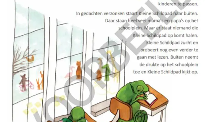 Pagina kinderboekje Thuisfront 'Tante Octopus past op', met schuin erover de tekst Voorbeeld.