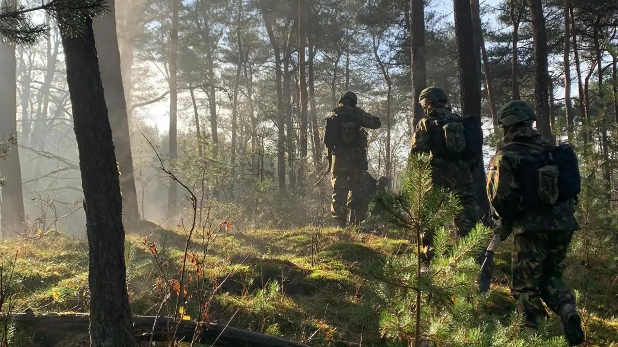 Deelnemers van de Nationale Weerbaarheidstraining lopen tijdens een veldoefening door een bosgebied.