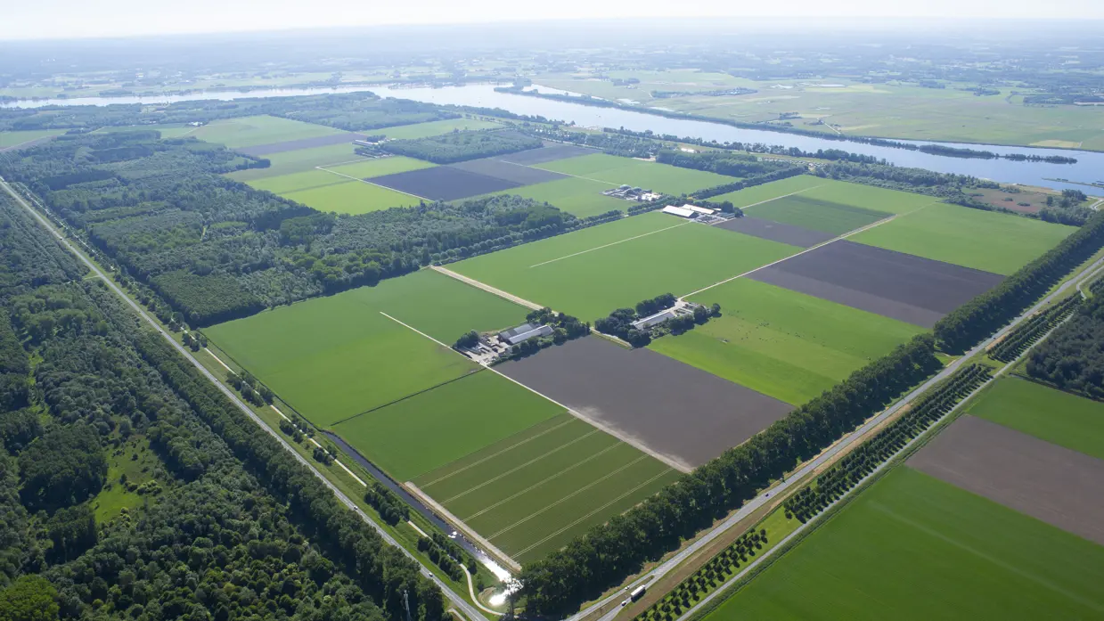 Overzichtsfoto vanuit de lucht van akkers en water