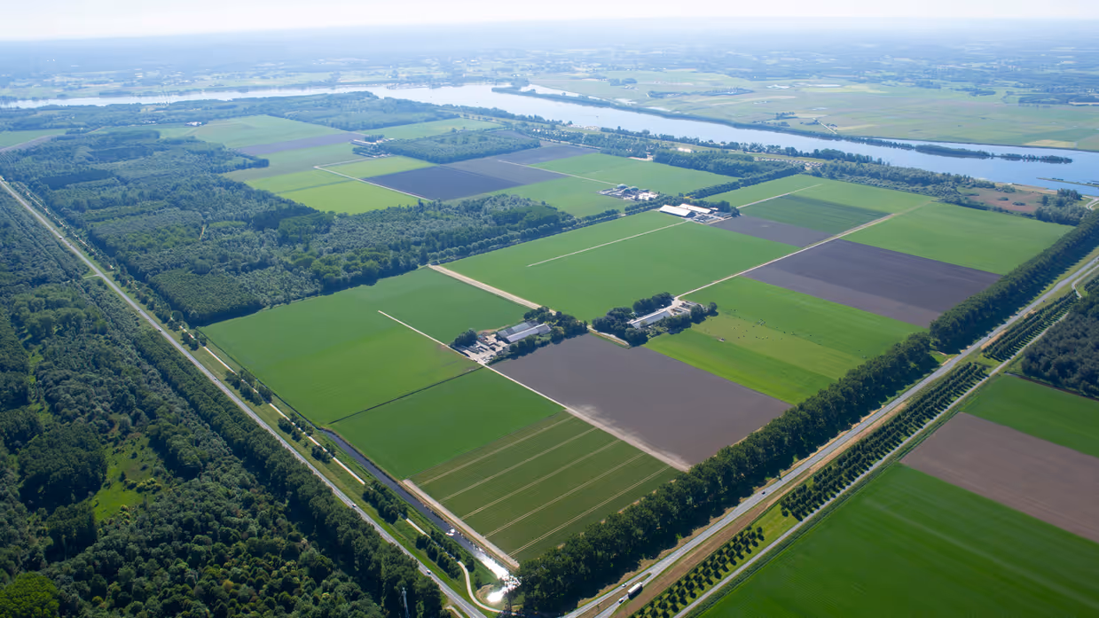 Overzichtsfoto vanuit de lucht van akkers en water