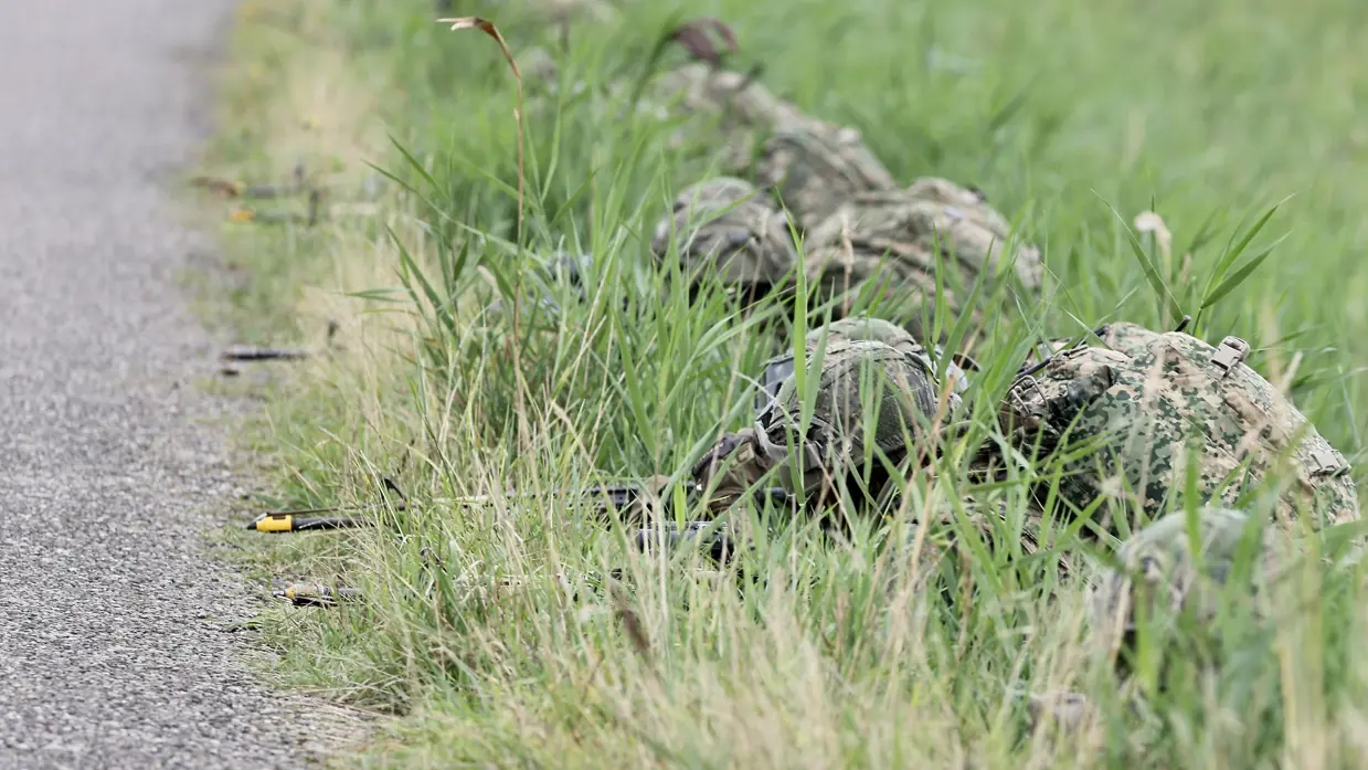 Militairen met helm en uitrusting liggen in hoog gras langs een asfaltweg, omringd door groen en onkruid.