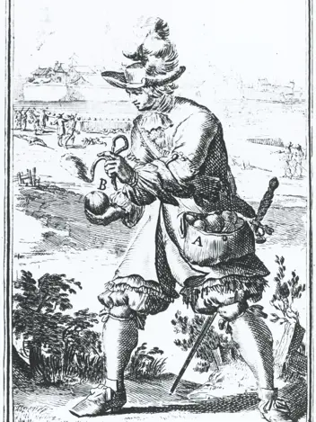 Tekening van een grenadier in de 17e eeuw. Hij is bezig een granaat aan te steken met een lont. Op zijn linkerheup draagt hij de tas met granaten.
