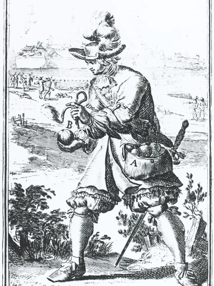 Tekening van een grenadier in de 17e eeuw. Hij is bezig een granaat aan te steken met een lont. Op zijn linkerheup draagt hij de tas met granaten.