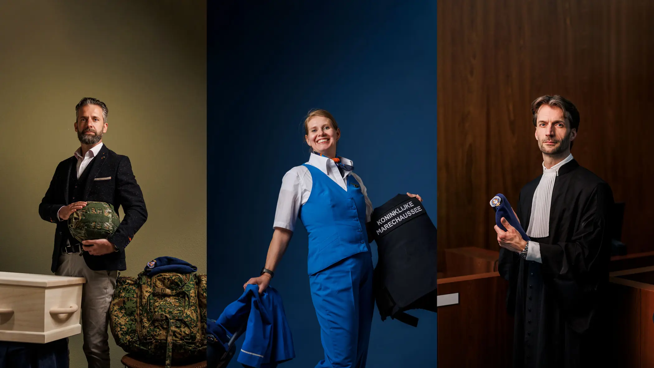 3 portretten van reservisten in respectievelijk pak, KLM-pak en in een toga.