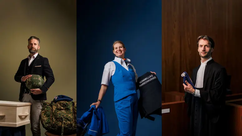 3 portretten van reservisten in respectievelijk pak, KLM-pak en in een toga.