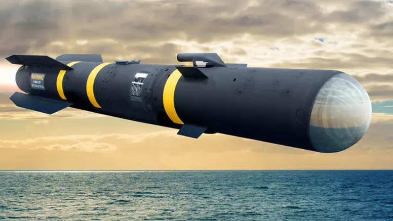 Artist-impression van een Hellfire-raket in de lucht.
