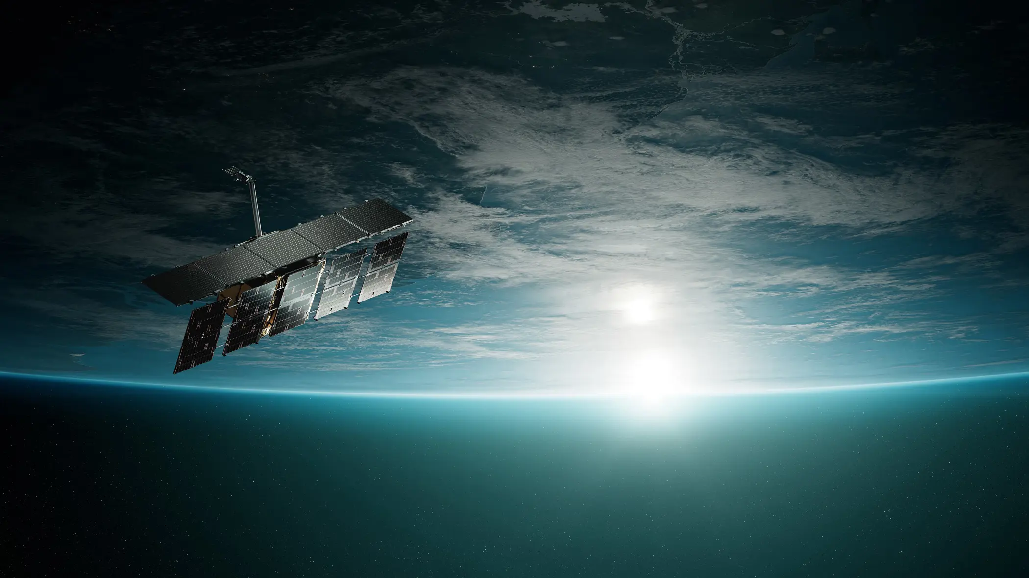 Render van een satelliet van het Finse ICEYE in de ruimte, met de aarde op de achtergrond 