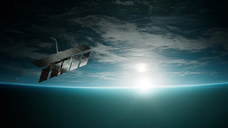 Render van een satelliet van het Finse ICEYE in de ruimte, met de aarde op de achtergrond 