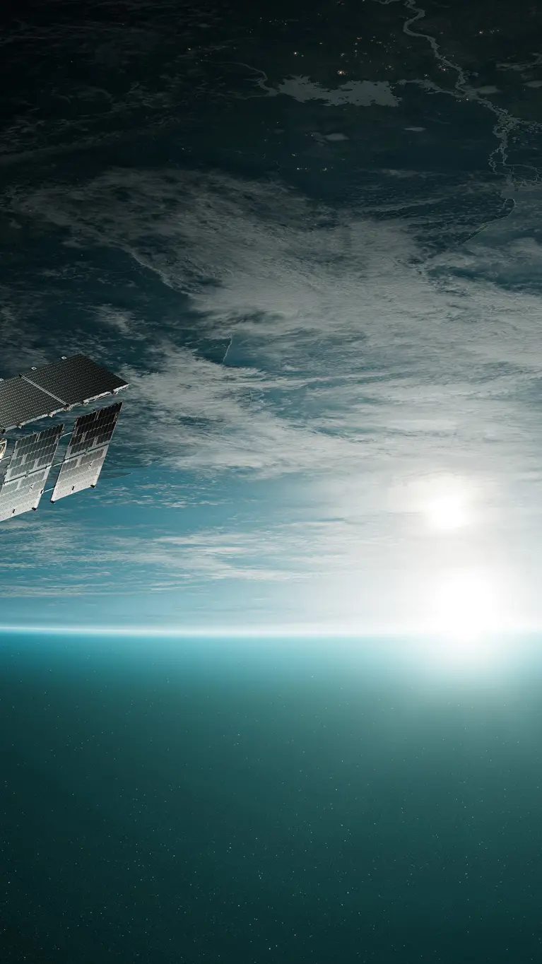 Render van een satelliet van het Finse ICEYE in de ruimte, met de aarde op de achtergrond 