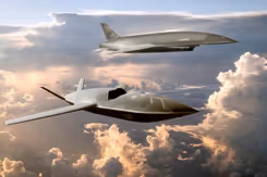 Autonome onbemenste luchtsystemen vliegen. Grillige, roze wolken op de achtergrond.