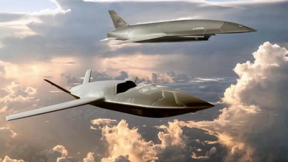 Autonome onbemenste luchtsystemen vliegen. Grillige, roze wolken op de achtergrond.