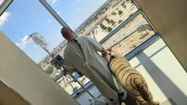 Patiënt in ziekenhuisjas loopt met infuus aan een standaard door een lichte gang met uitzicht op een landschap. Er staat een tijger naast hem.