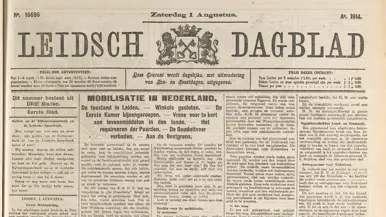 Oude Nederlandse krantenpagina van Leidsch Dagblad uit 1914 met artikelen en advertenties in zwart-wit. 