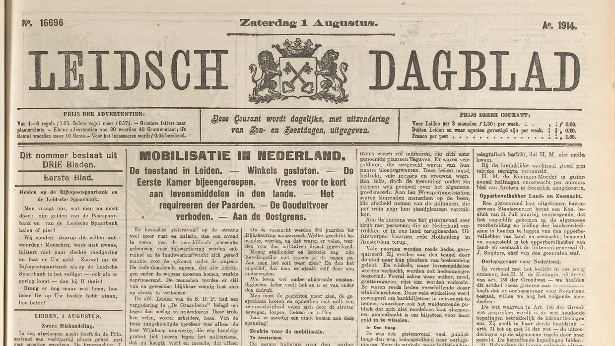 Oude Nederlandse krantenpagina van Leidsch Dagblad uit 1914 met artikelen en advertenties in zwart-wit. 