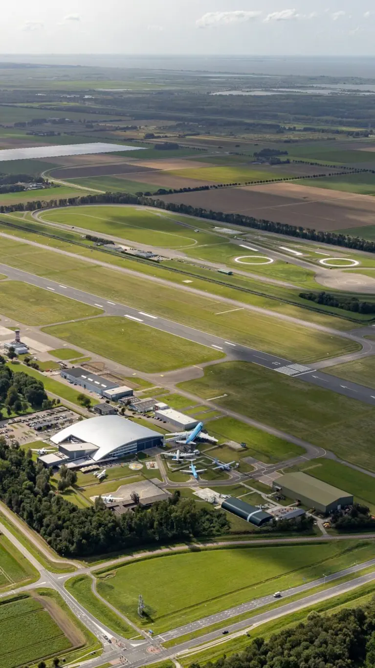 Luchtfoto van de start- en landingsbaan van Vliegveld Lelystad.