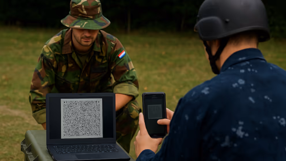 Twee militairen waarvan er een een qr-code scant. 