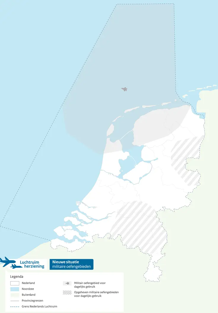 Op de kaart is een grijs vlak zichtbaar in het noorden van het Nederlandse luchtruim. Dit is het noordelijk militair oefengebied. In het oosten en zuidoosten van Nederland zijn kleinere vlakken zichtbaar, die lichtgrijs gearceerd zijn. Dit zijn de militaire oefengebieden die zullen worden opgeheven.