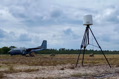 Een vliegtuig op de grond, met daarvoor een antidrone systeem.