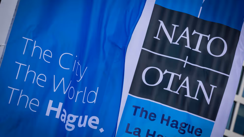 Blauwe vlag van de NAVO-top.