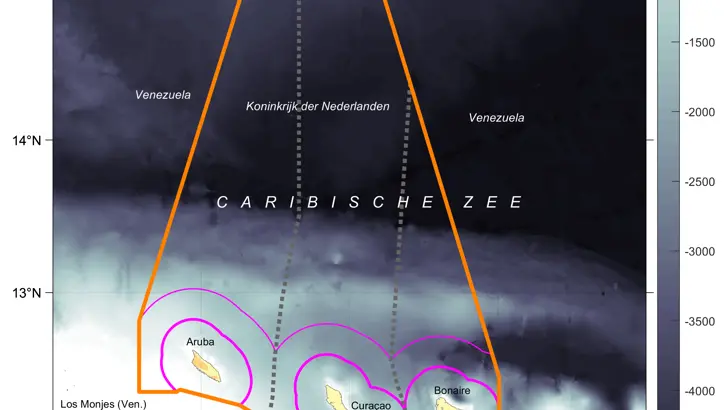 Kaart: zonegrenzen voor Aruba, Curaçao en Bonaire (benedenwindse diepte Nederlandse Antillen). De inhoud van de kaart is te gebruiken door zeevarenden.
