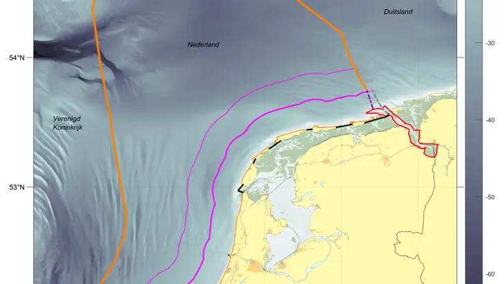 Kaart: zones in het Nederlands deel van de Noordzee (diepte).