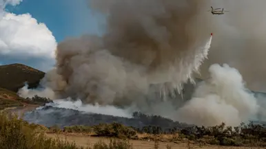  Links: een helikopter blust een brand. Rechts: fotograaf poseert met oorkonde. 