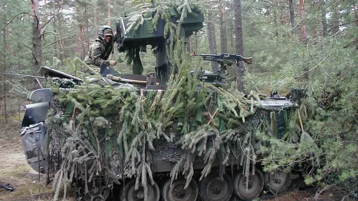 Een met dennentakken gecamoufleerd rupsvoertuig.