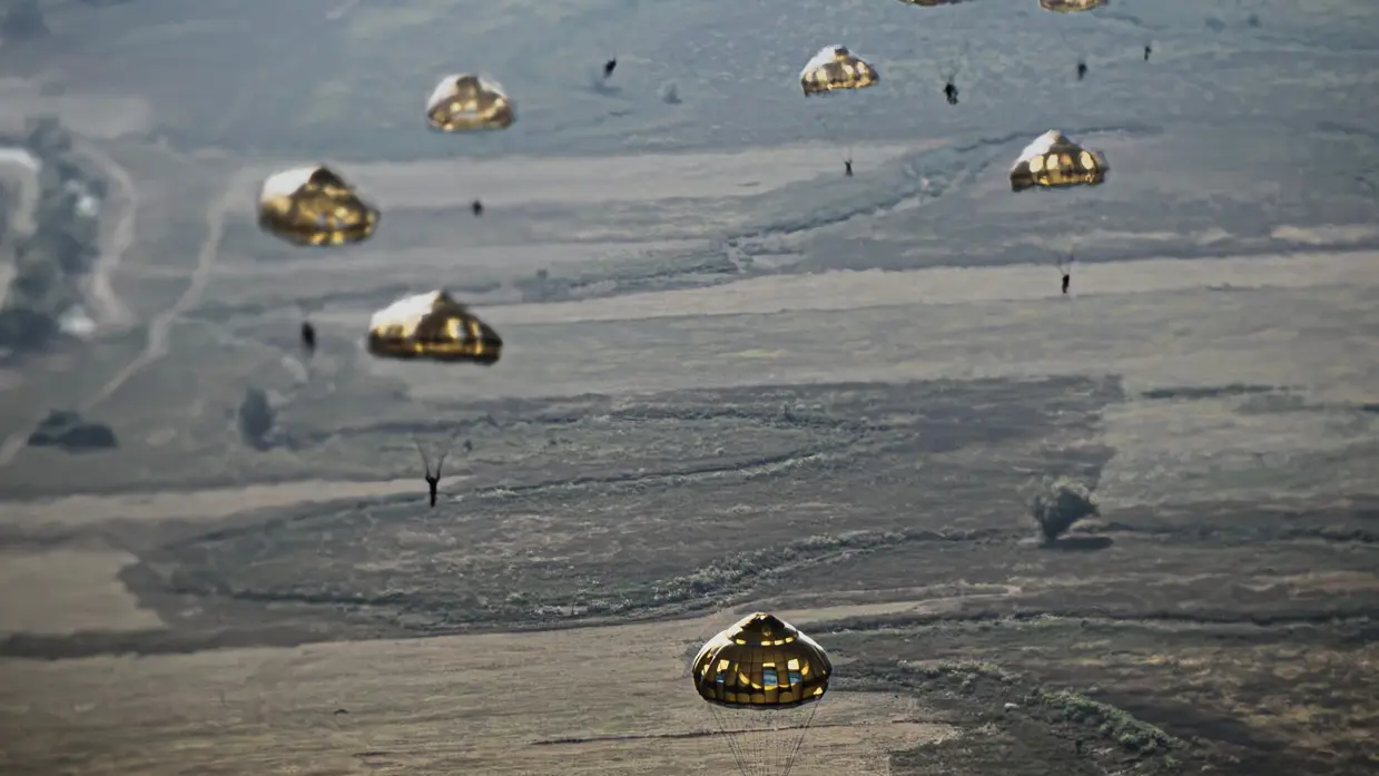 10 parachutisten in de lucht boven Litouwen