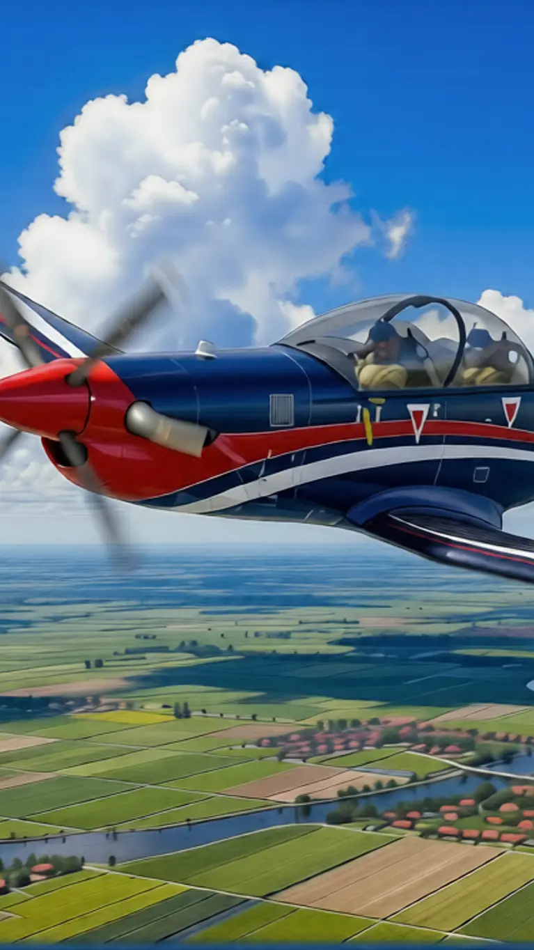 Een artists impression van een PC-7 MKX in Nederlandse kleuren boven een Nederlands landschap met witte wolken.