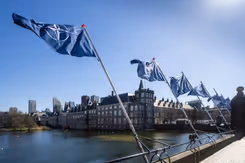 NAVO-vlaggen wapperen aan de Hofvijver in Den Haag met het Binnenhof op de achtergrond.