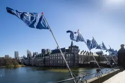 NAVO-vlaggen wapperen aan de Hofvijver in Den Haag met het Binnenhof op de achtergrond.