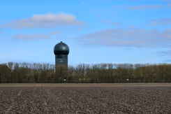 Het radarstation in Wier achter een rij kale bomen.