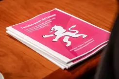 Stapeltje rapporten met rode kaft en afbeelding witte leeuw op houten tafel.