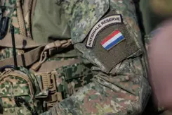 Embleem van de Nationale Reserve op de mouw van een militair.