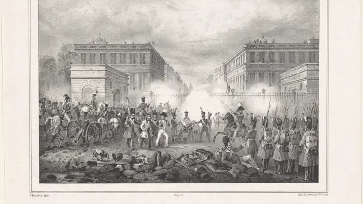 Tekening van Nederlandse troepen bij de Schaerbeeckse Poort op 23 september 1830. Vanuit de huizen vuren de Belgische opstandelingen.