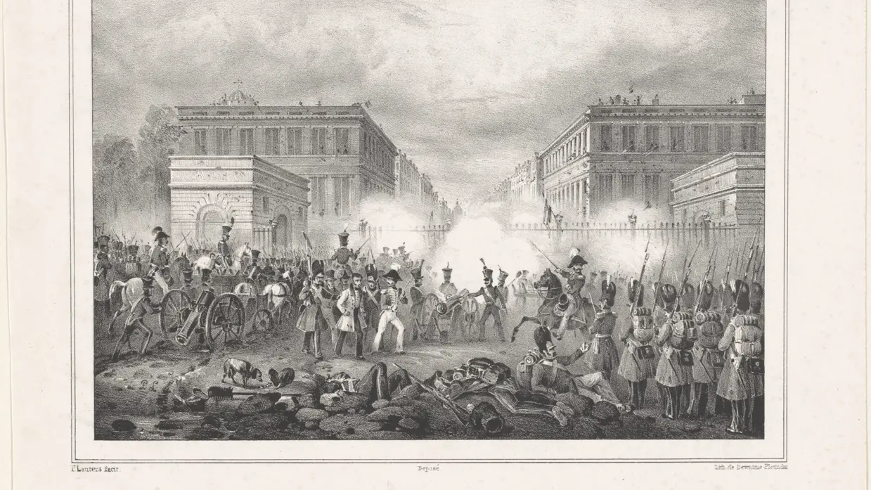 Tekening van Nederlandse troepen bij de Schaerbeeckse Poort op 23 september 1830. Vanuit de huizen vuren de Belgische opstandelingen.