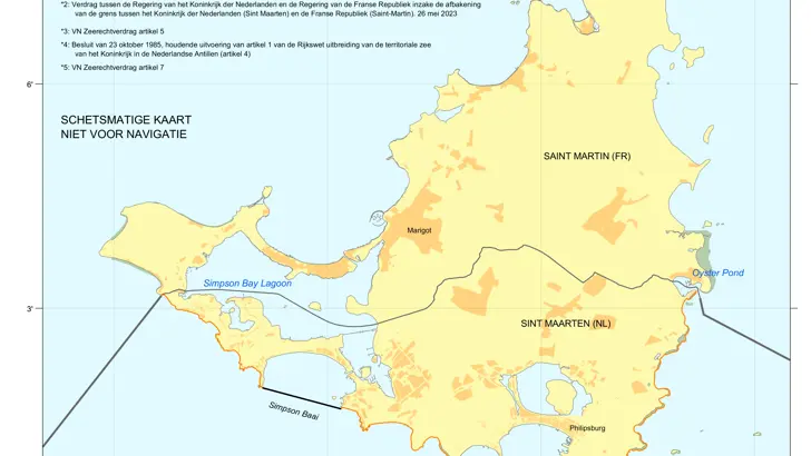 Kaart: zonegrenzen voor Sint Maarten. De inhoud van de kaart is te gebruiken door zeevarenden.
