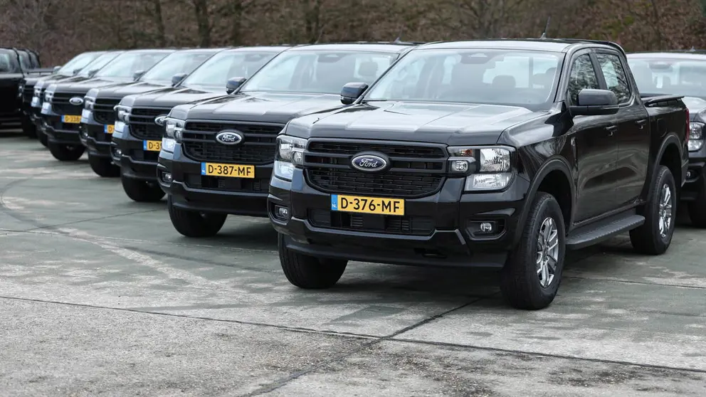 Zwarte Fords staan op een rij.