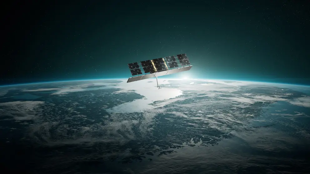  Satelliet zweet boven de aarde in de ruimte.