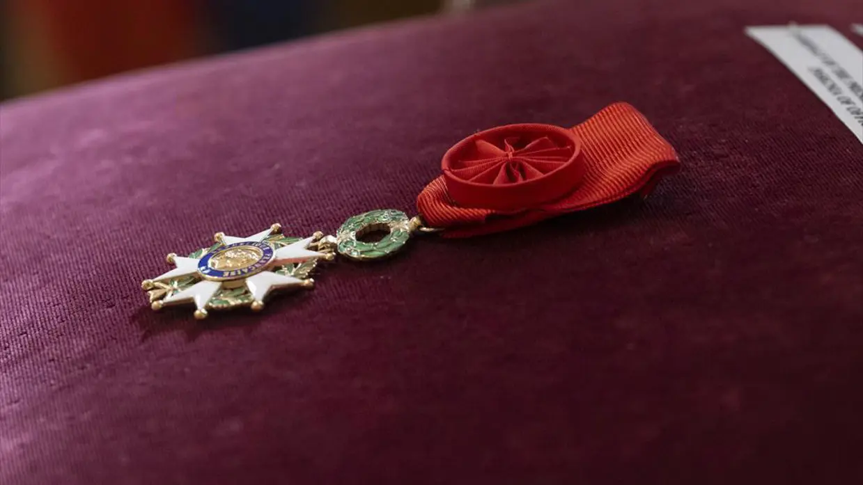Medaille op een bordeaux rood kussen.