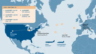 infographic Vliegende Hollander - V2-01: Kaartje van het westen van Europa tot en met de VS met daarop de lijnen hoe de vliegtuigen hebben gevlogen.
