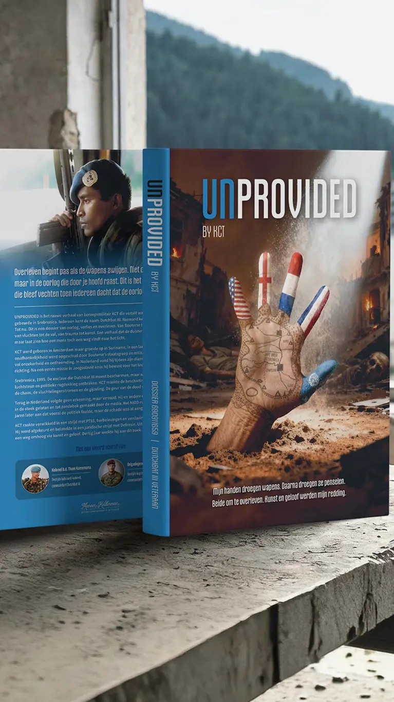 Boekomslag "UNPROVIDED" van KCT: hand met vlaggen en kaart, soldaat, vuur, en tekst over oorlog in Srebrenica.
