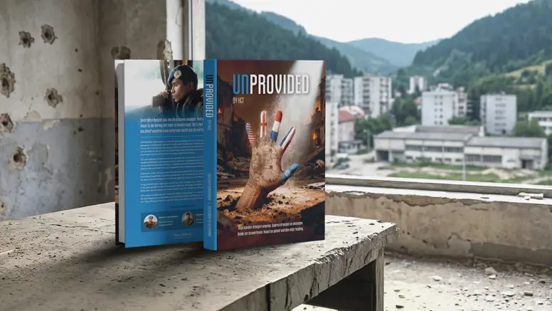 Boekomslag "UNPROVIDED" van KCT: hand met vlaggen en kaart, soldaat, vuur, en tekst over oorlog in Srebrenica.