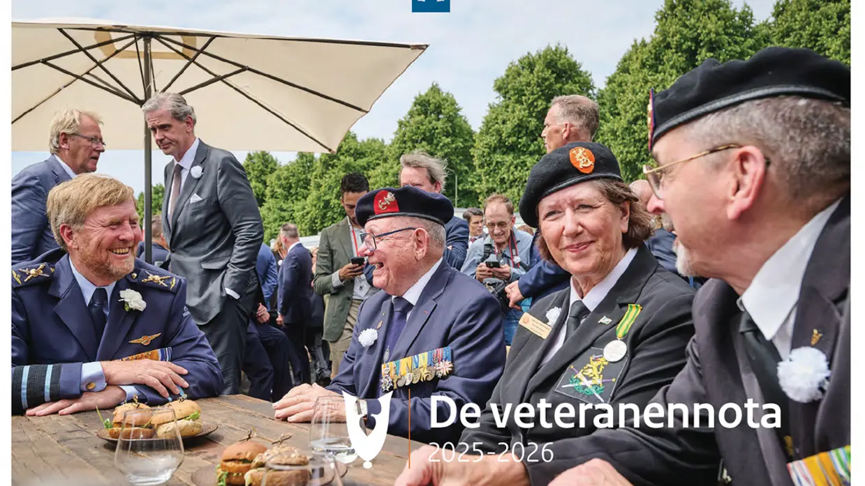 Drie veteranen in informele sfeer aan een buitentafel in gesprek met koning Willem-Alexander. Op de achtergrond bomen en pratende mensen. Over de foto heen staat de tekst ‘De veteranennota 2025-2026’.