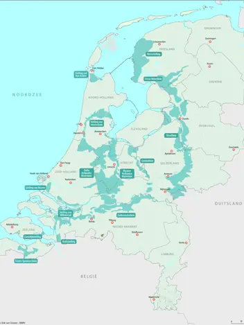 Kaart van Nederland met daarop de waterlinies.