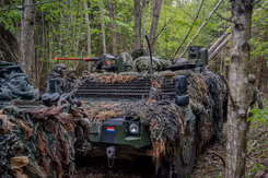 Militair voertuig voorzien van camouflage tussen de bomen.