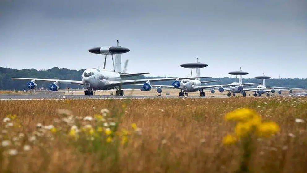 4 Awacs-toestellen op de landingsbaan met bloemetjes op de voorgrond.